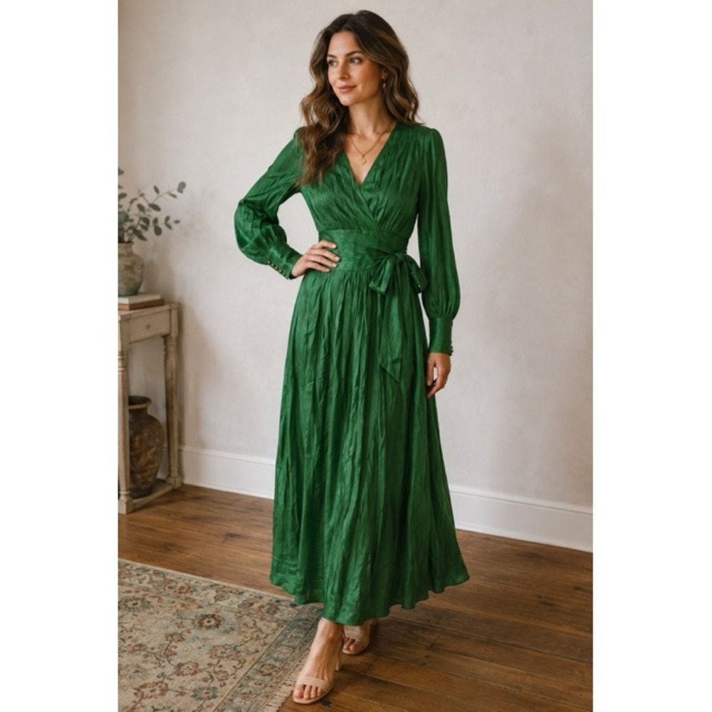 Nordstrom BTFL-life Green Satin Long Sleeve Wrap Maxi Dress Buttoned Cuff